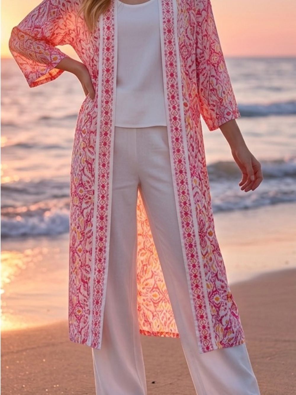 Source Unknown Pink and White Floral Long Kimono Robe